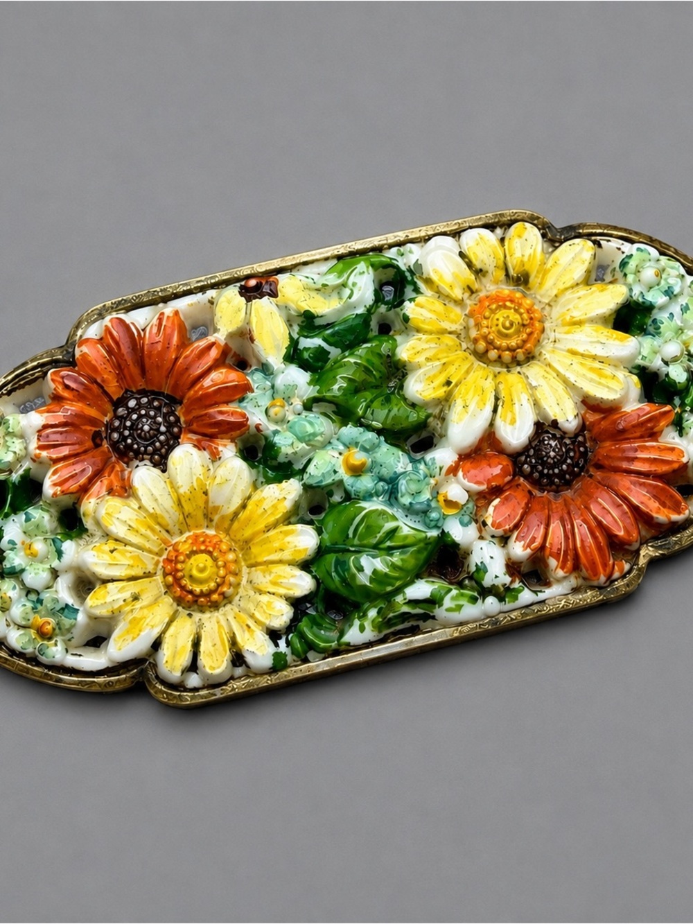 Vintage Celluloid Floral Hand-Painted Yellow & Orange brooch #cz28